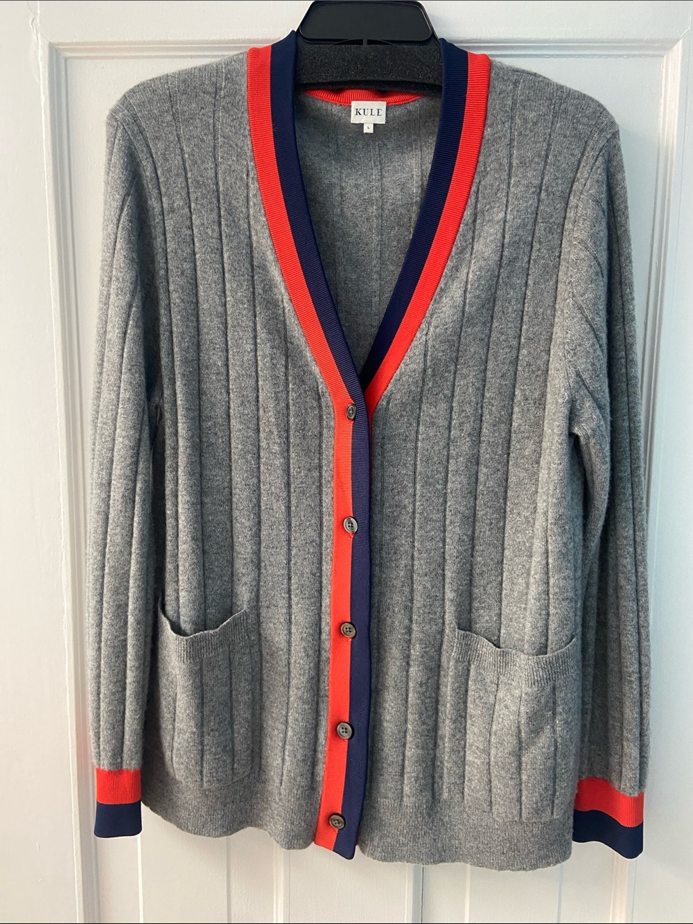 KULE Sinclair Grey Cashmere Ribbed Cardigan with Navy & Orange Trim